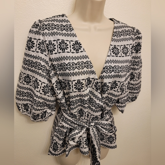 Ann Taylor Embroidered Wrap Short Sleeve Blouse - Picture 2 of 6